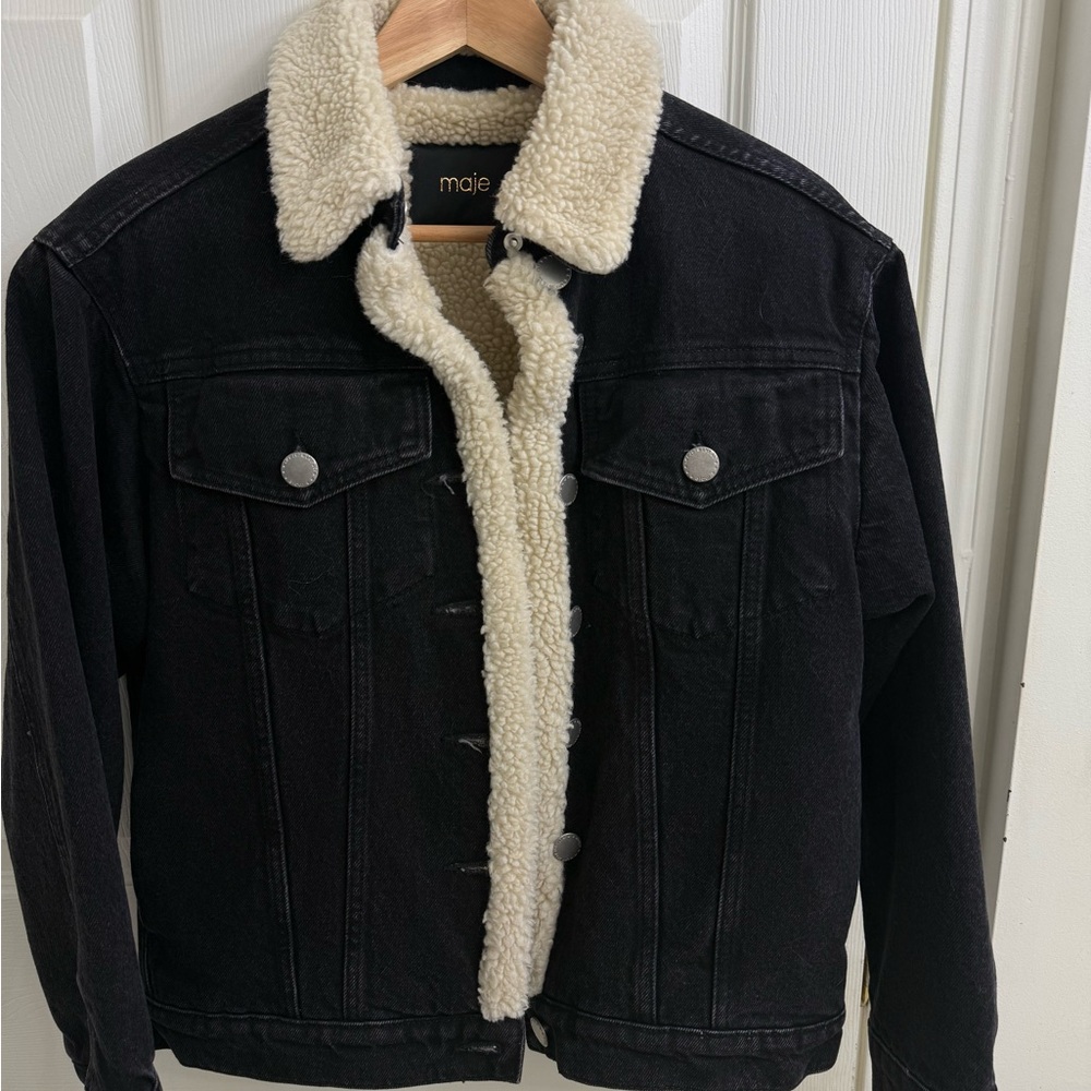 Maje Black Denim Jacket with Cream Sherpa Lining